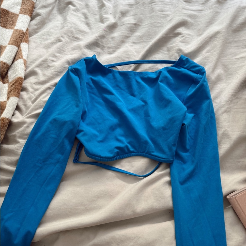 H&M Blue Long Sleeve Crop Blouse with Cut Out